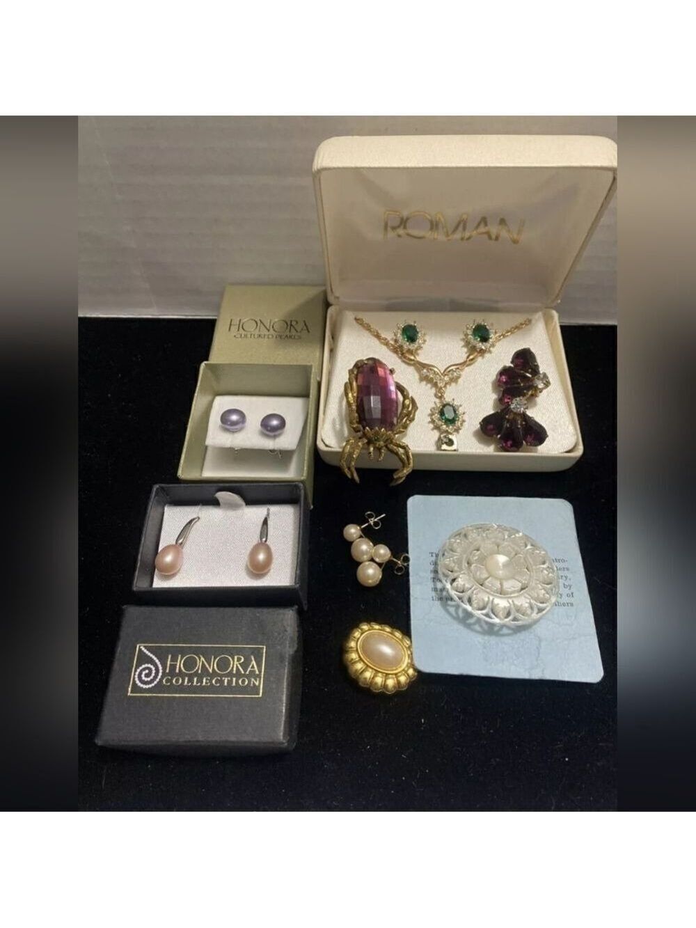 Vtg Jewelry Lot Honora Pearl Roman Joan Rivers Amethyst Clipon Spider Brooch